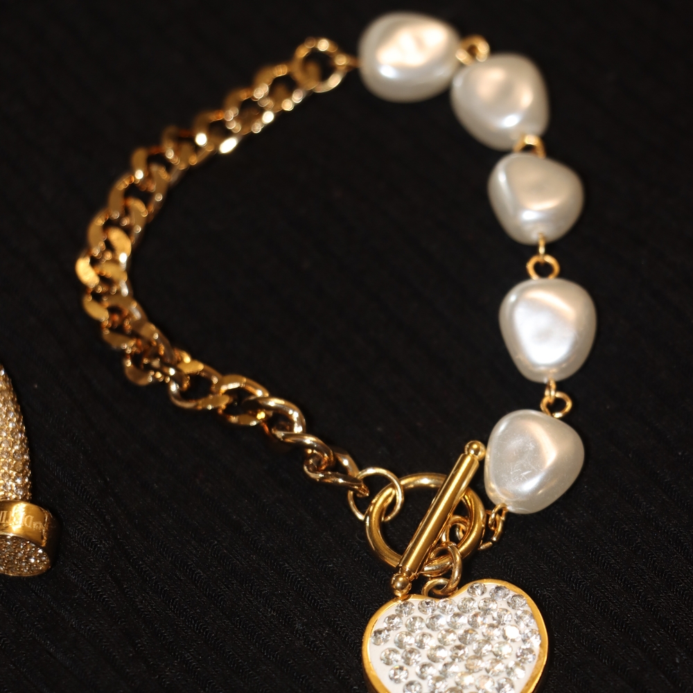 Gold and White Heart Charm Bracelet